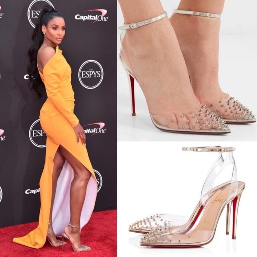 Christian Louboutin Spikoo PVC Spike Studded Silver Sling Heels Pumps 37.5 RARE